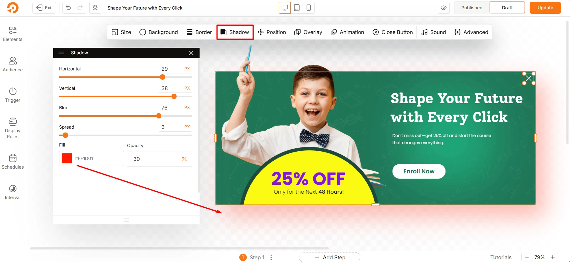 Adding Shadow behind the popups using the WowOptin Shadow tab settings