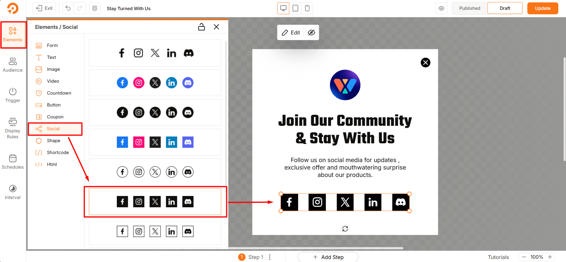 Adding Social element in popups using WowOptin Popups builder for WordPress