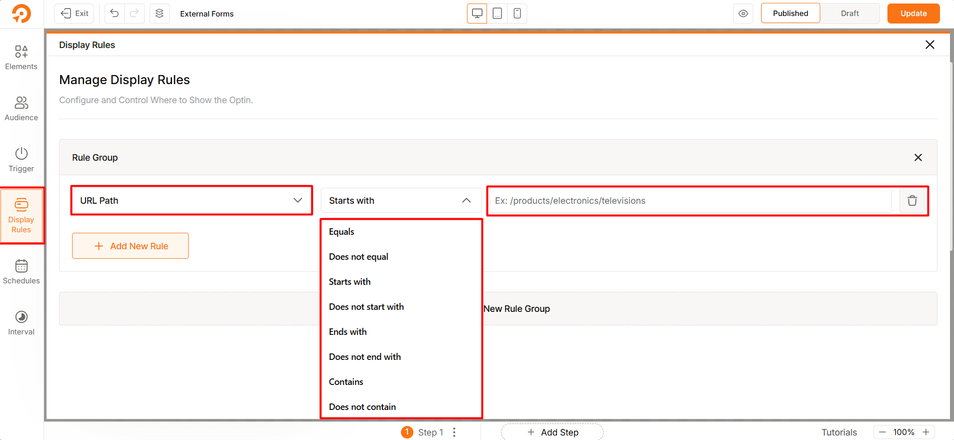 Adding URL Path display rule to a popup using WowOptin Popup Builder for WordPress