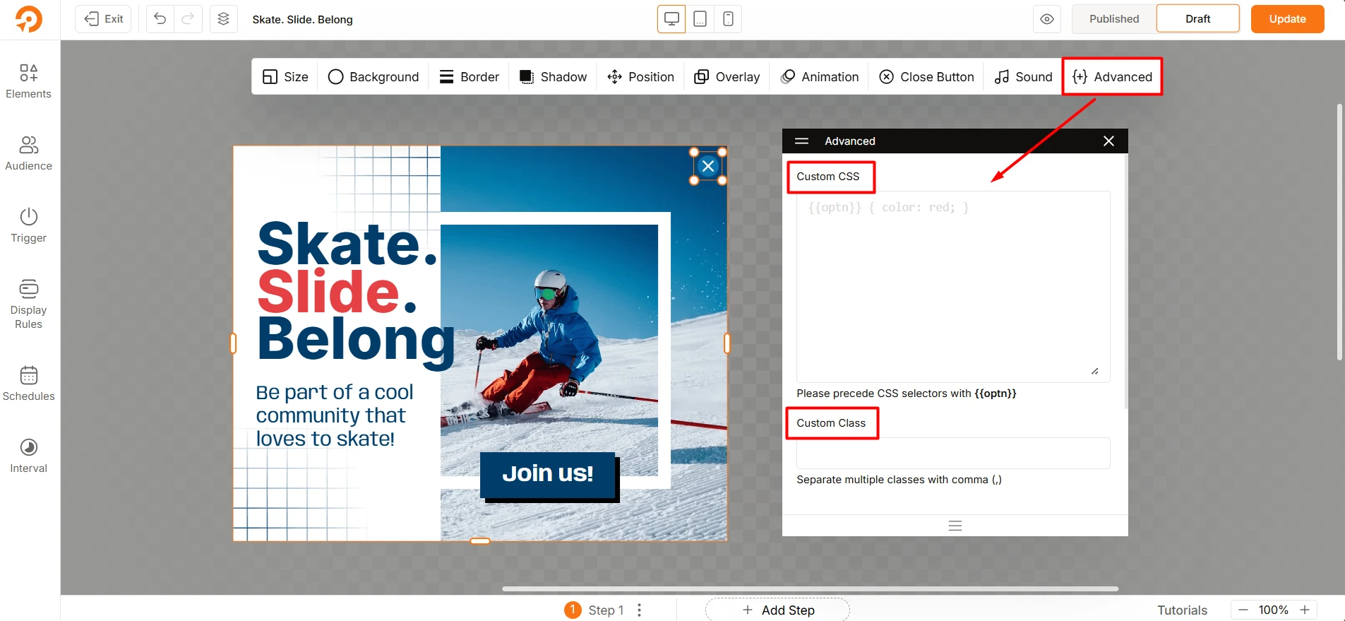 Adding custom CSS in popups using WowOptin Advanced tab settings