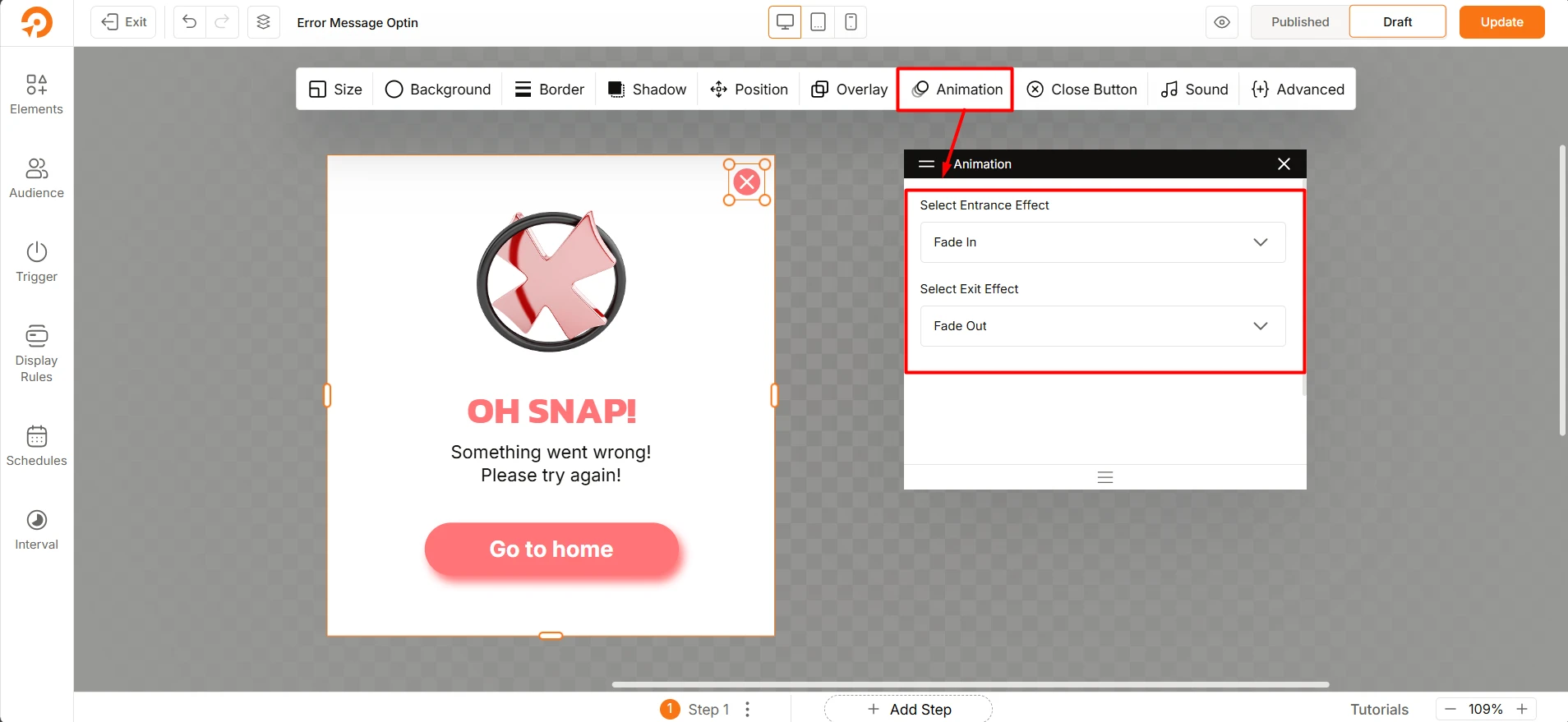 Adding entrance and exit animation effects to a popups using WowOptin Animation Ta settings