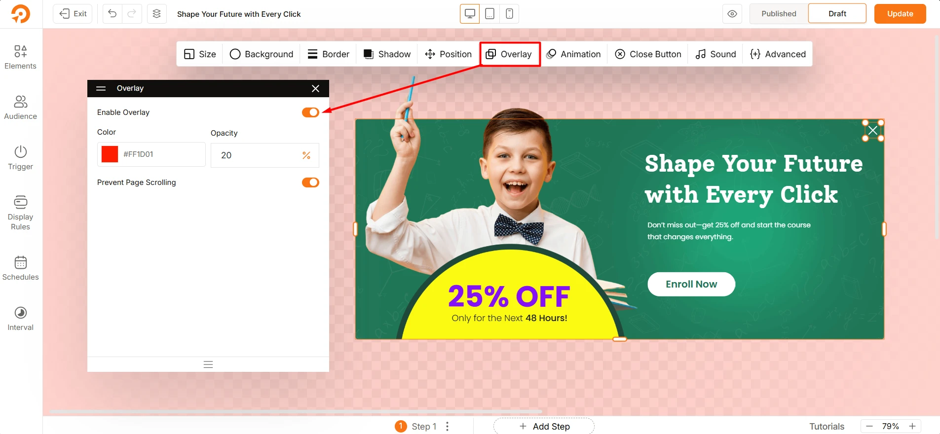 Adding overlay behind popups using WowOptin overlay tab settings