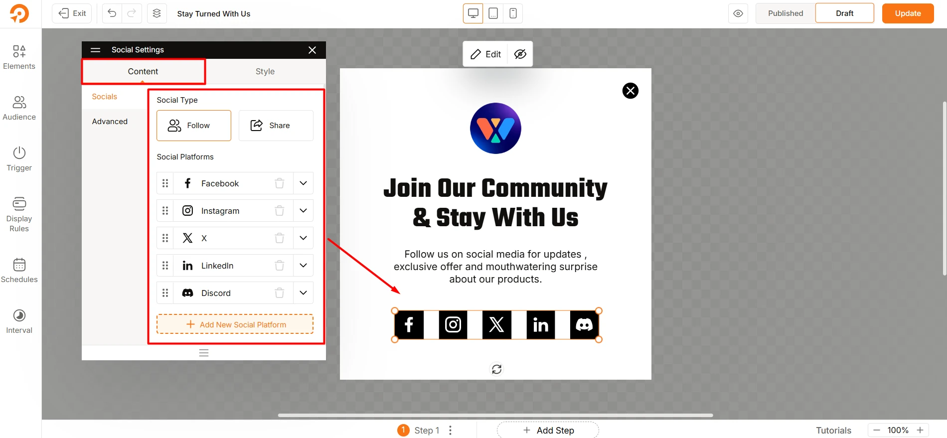 Adding social platforms to popups using the social element of WowOptin popup builder for WordPress