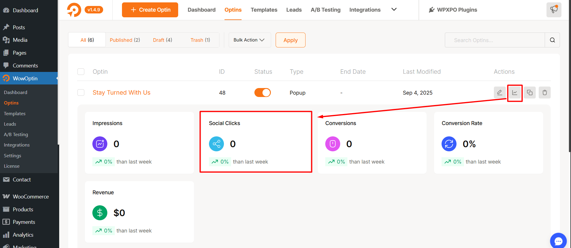 Analytics for social clicks in WowOptin popups builder for WordPress