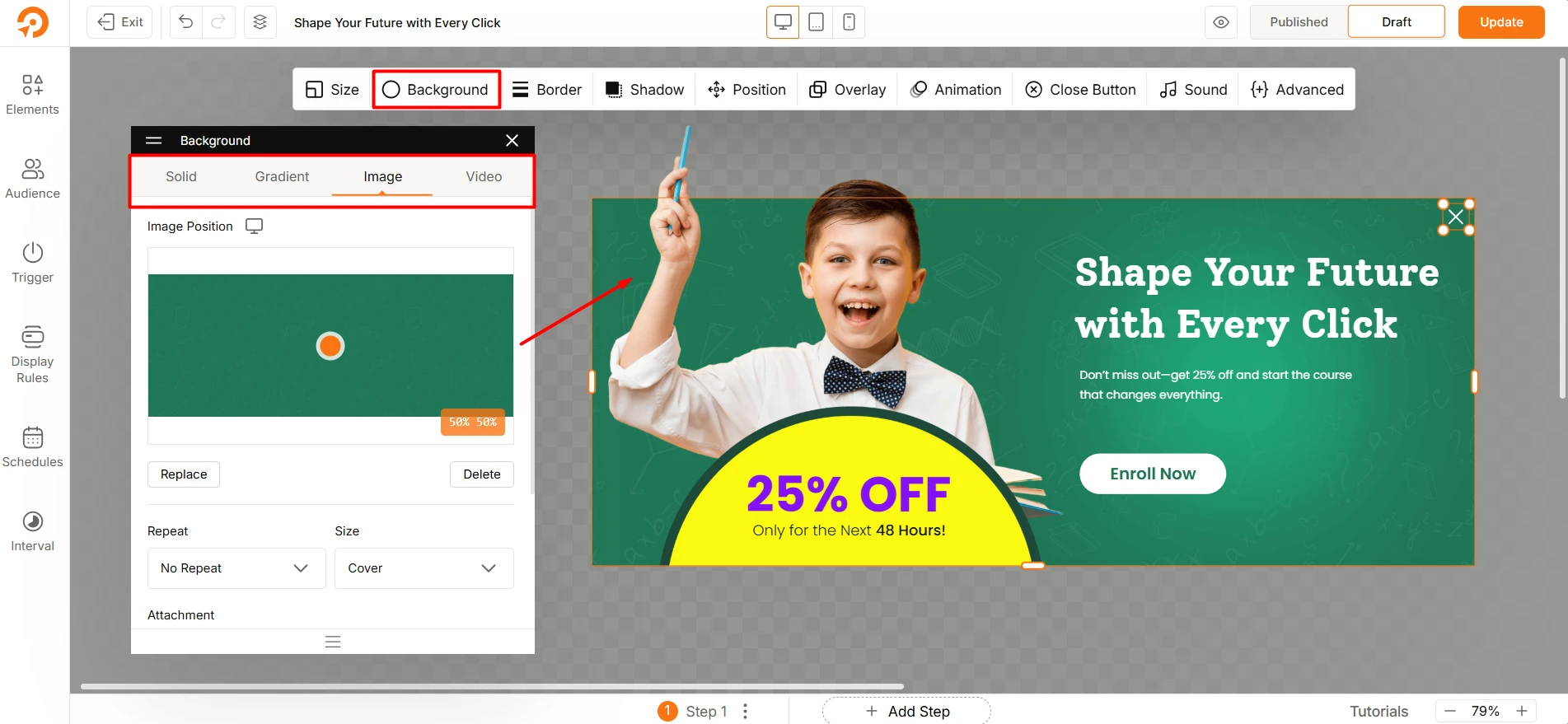Customizing popup background from Background tab of WowOptin
