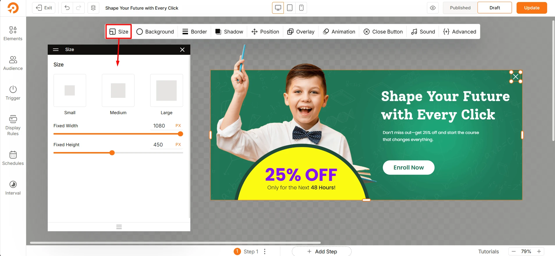 Customizing popup dimensions from the WowOptin Size tab