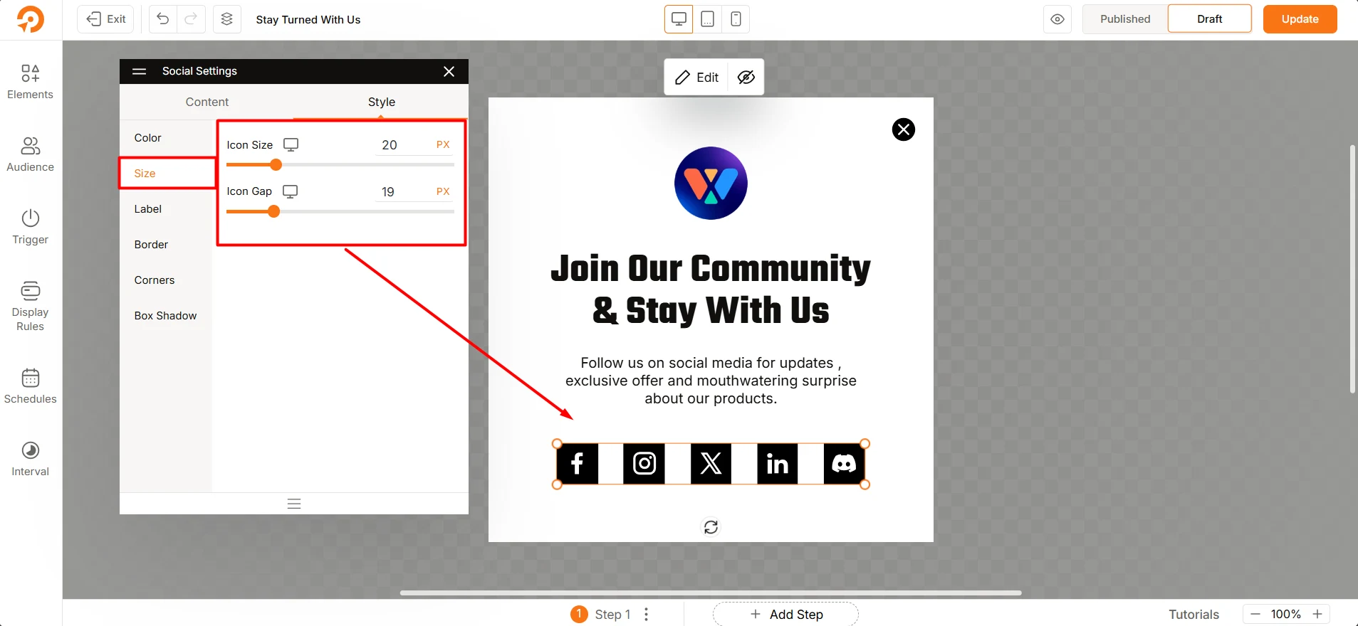 Customizing social icon size and gap between in WowOptin popup builder for WordPress
