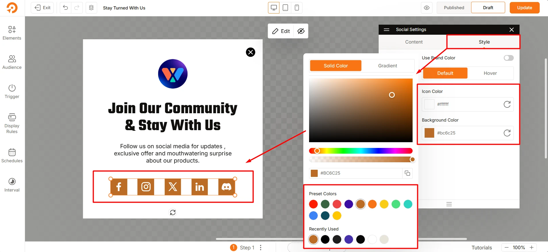 Customizing the background and icon color using WowOptin popup builder for WordPress