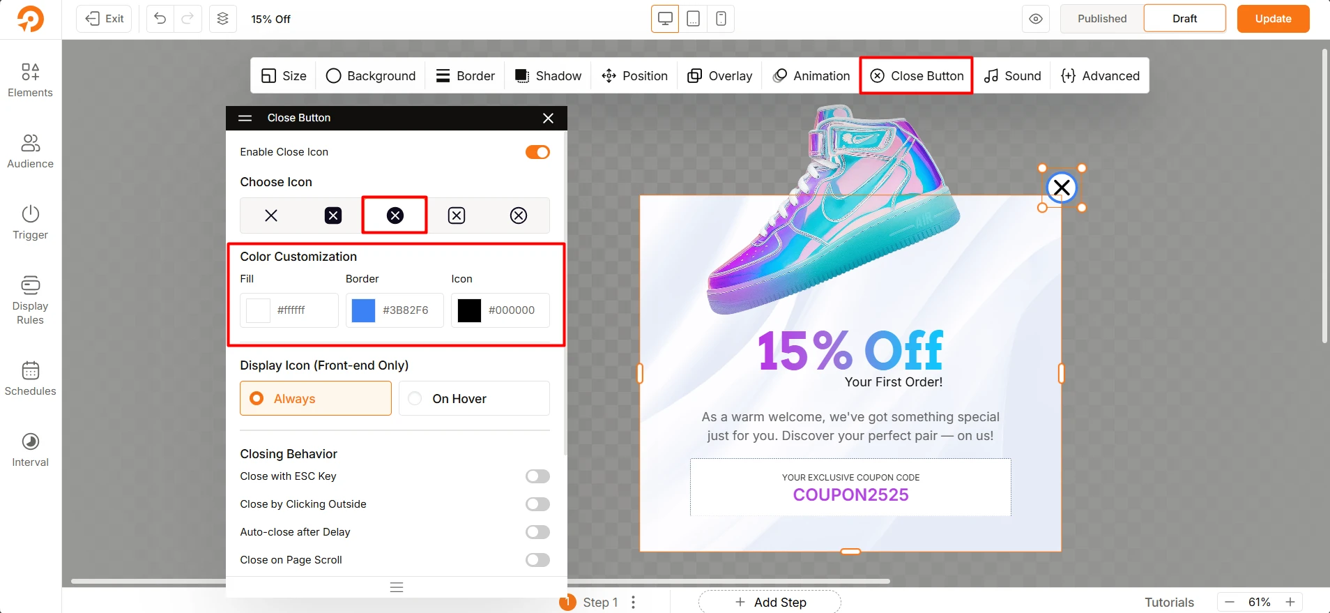 Customizing the close button for popups using WowOptin Close Button tab settings