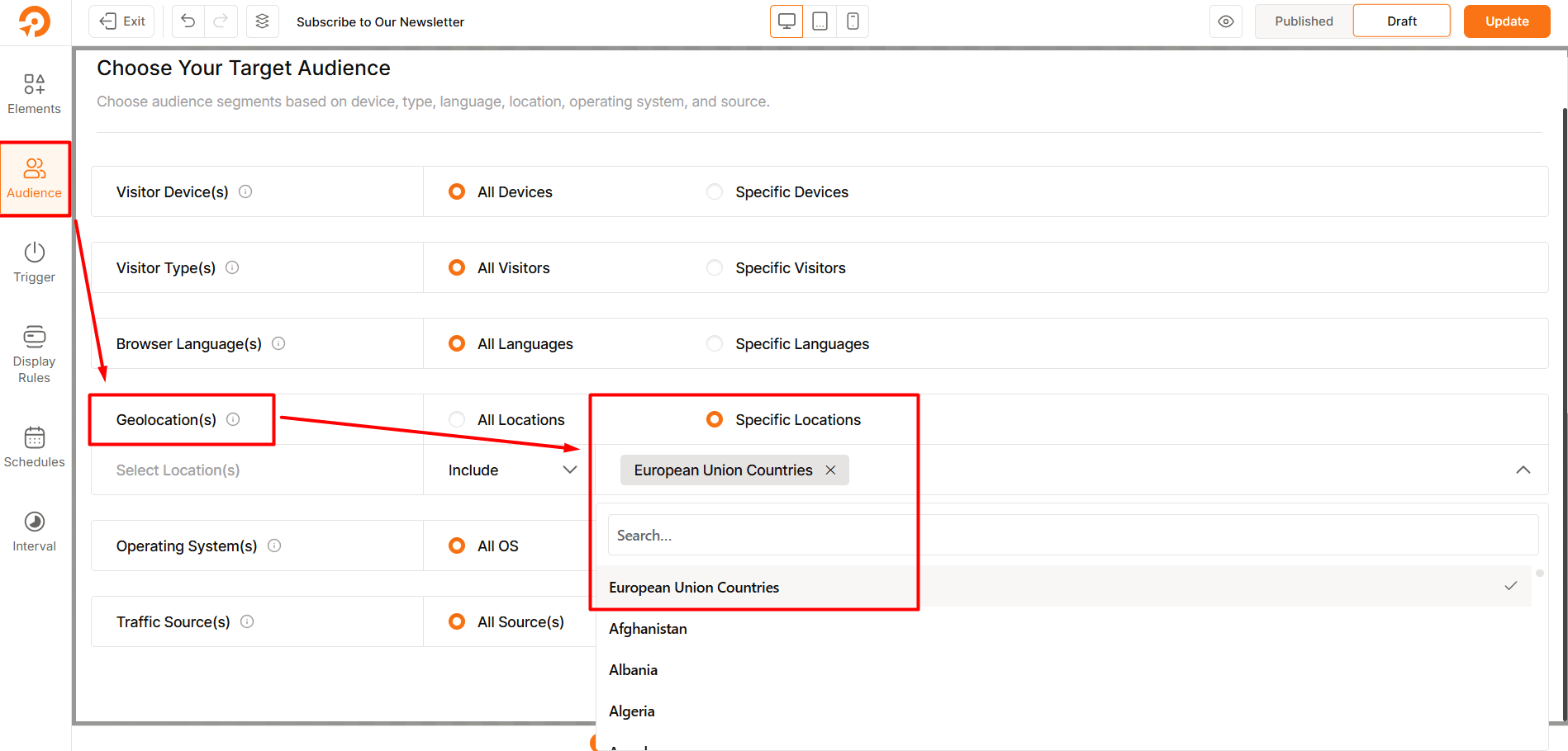Selecting European Union Countries for Creating GDPR-Compliant Popups with WowOptin