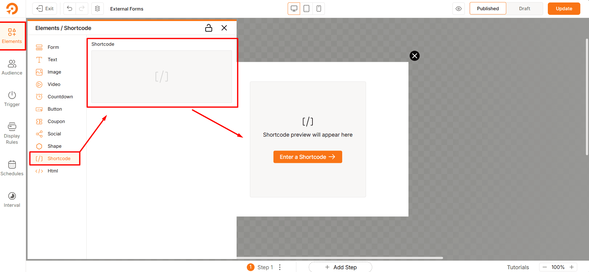 Adding shortcode element to the WowOptin canvas