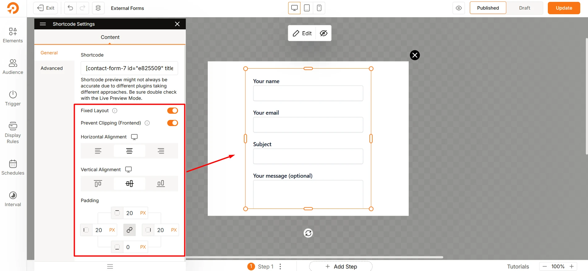 Shortcode element layout settings in WowOptin