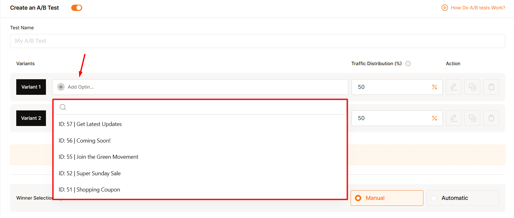 Add an optin to a variant for AB testing on WowOptin