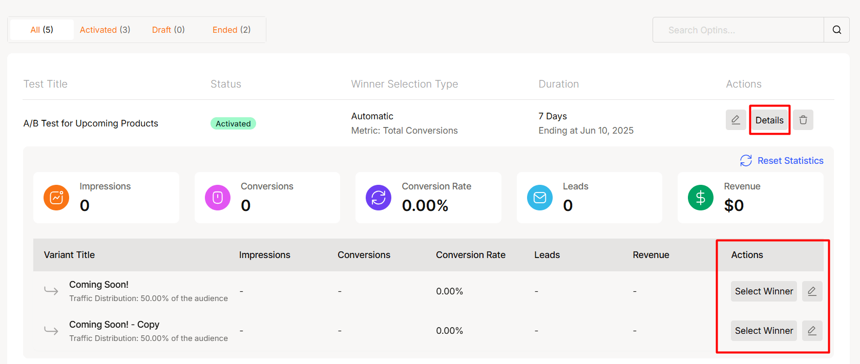 Analyse the results and select a winner manually for the AB testing on WowOptin