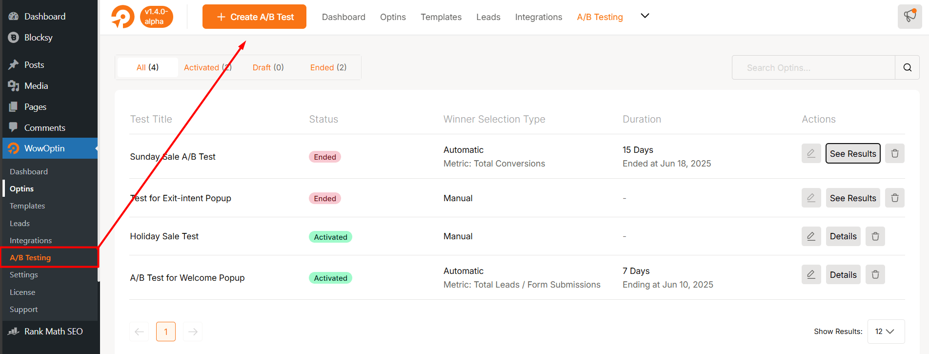 Create AB test on WowOptin