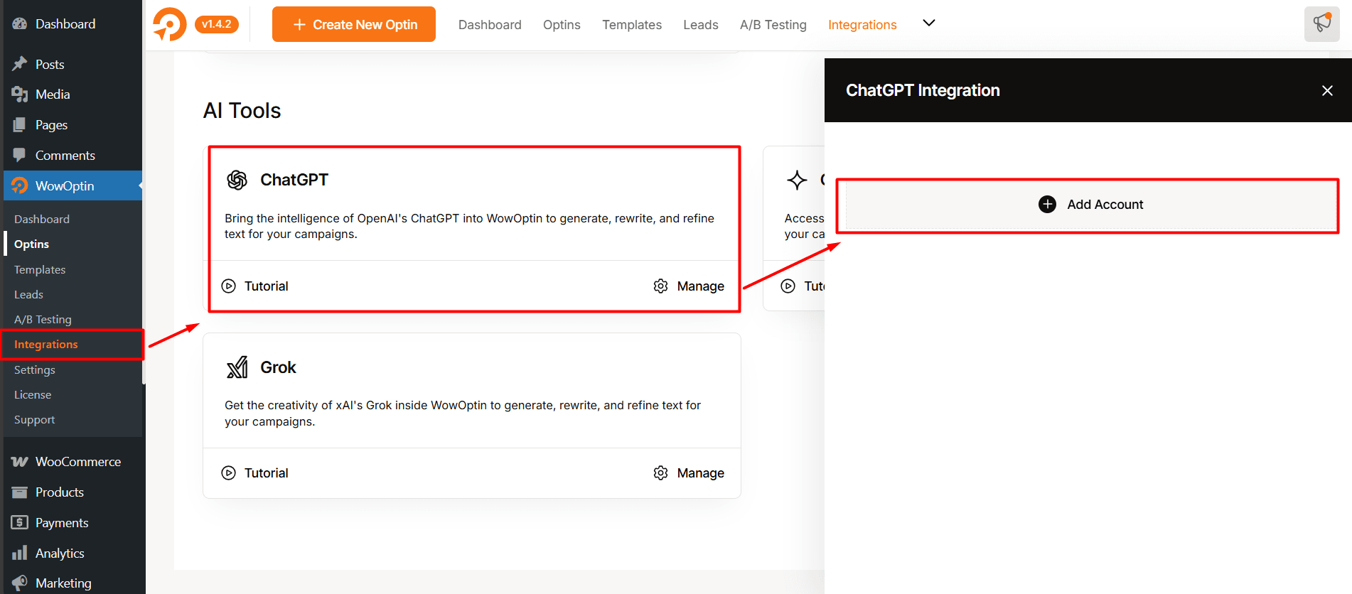Creating integration account using ChatGPT in WowOptin