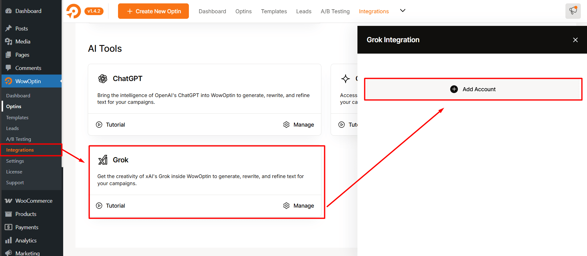 Creating integration account using Grok in WowOptin