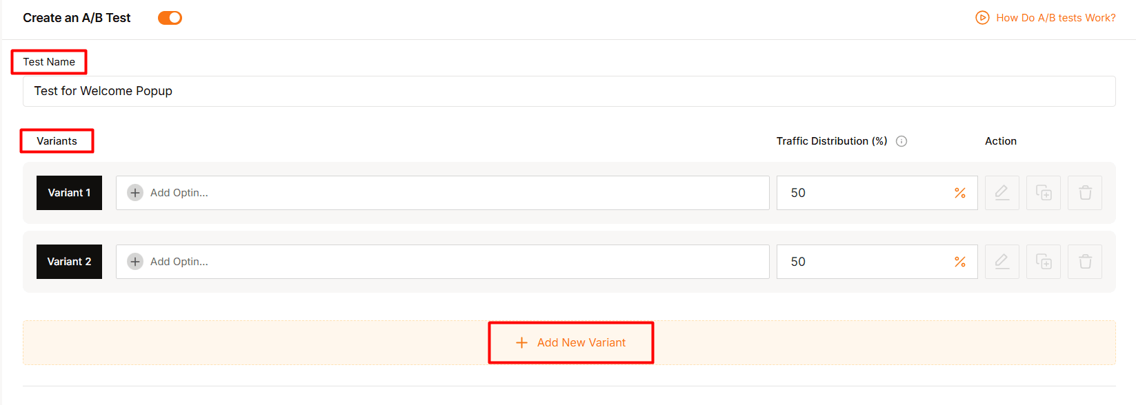 Give a name to the AB Test on WowOptin