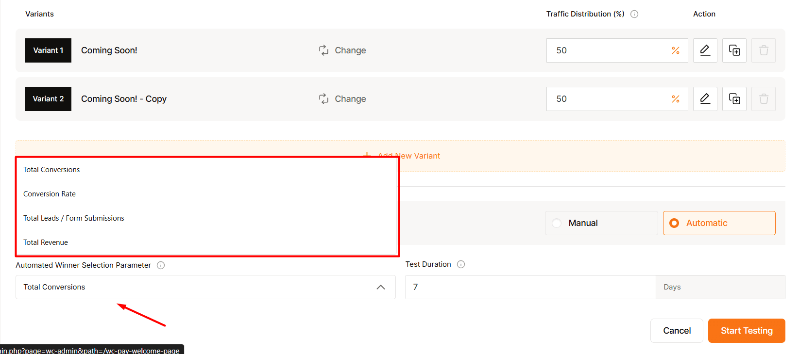 Select Winner Selection Parameter for AB testing on WowOptin