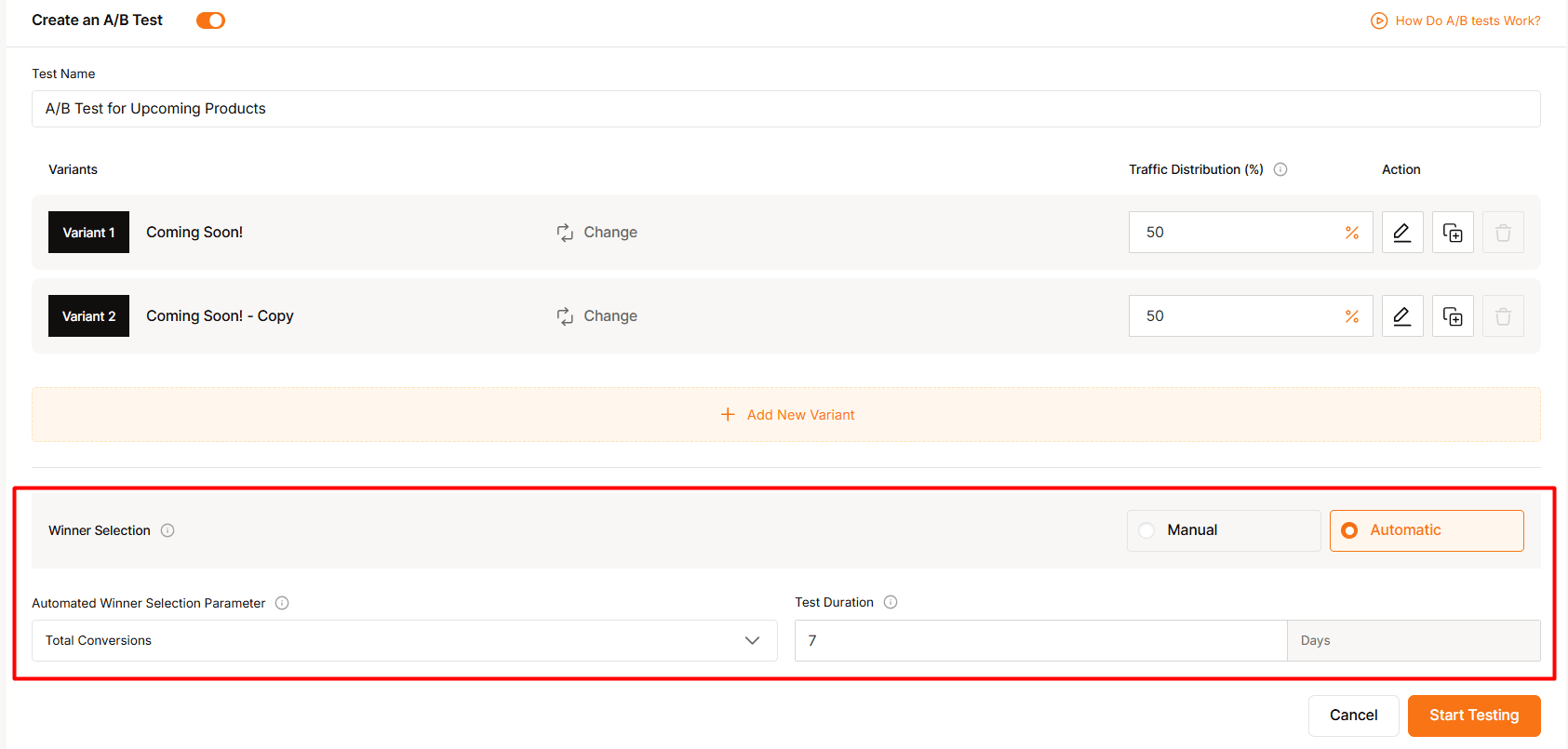 Winner Selection Type and Test Duration Configuration for AB testing on WowOptin