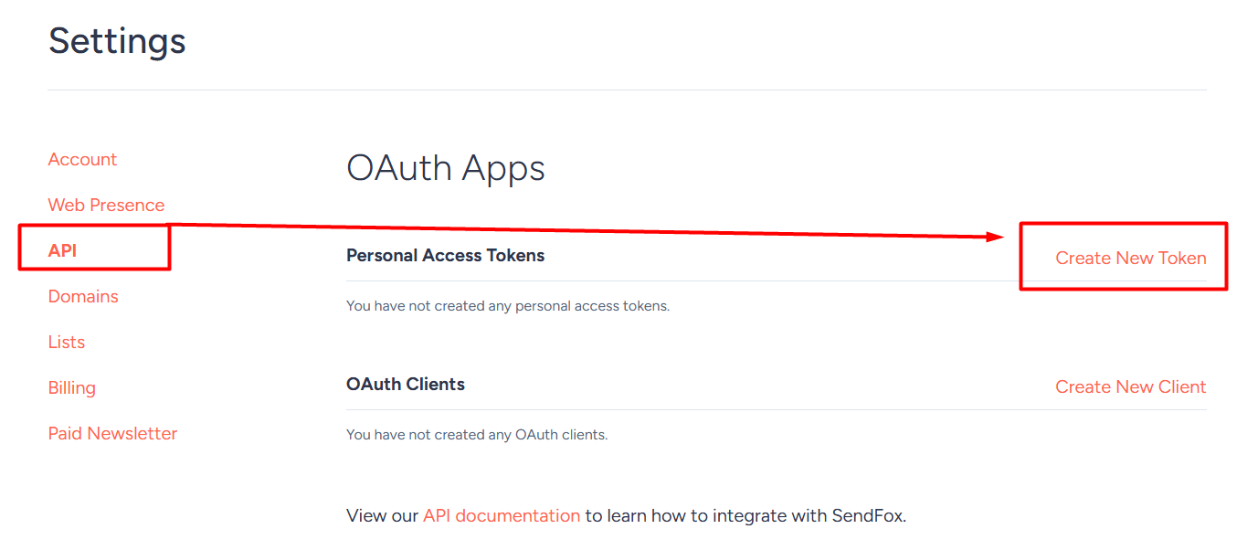 From the API tab click Create New Token in SendFox