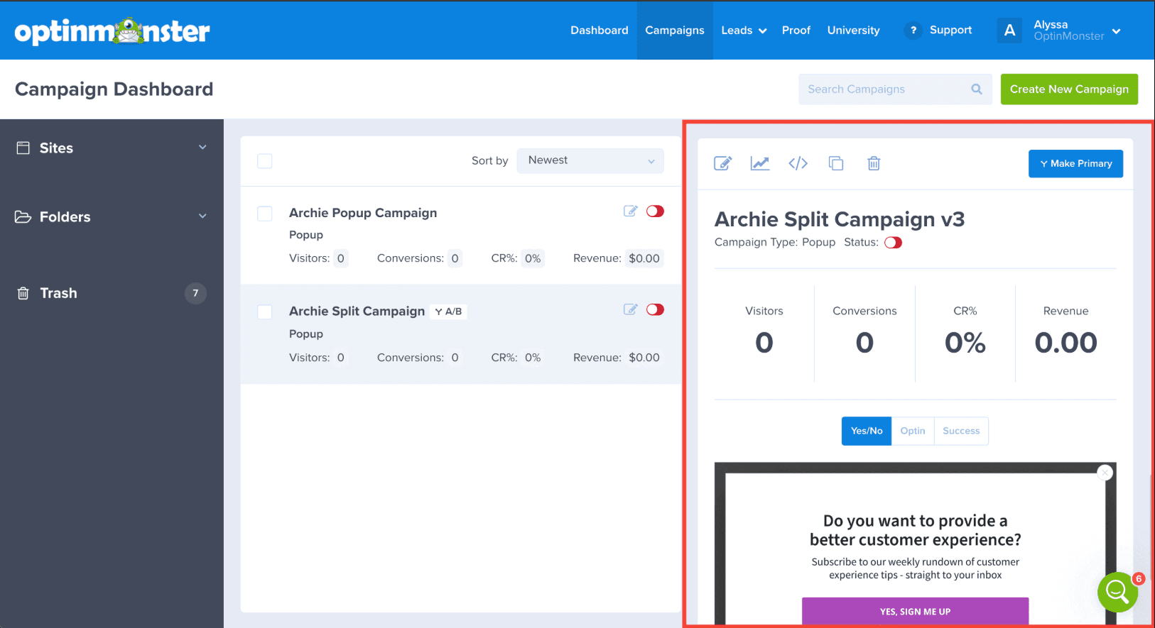OptinMonster AB Testing