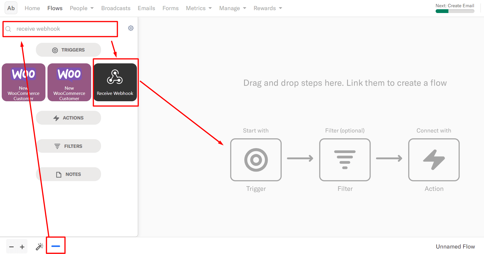 Search for Receive Webhook and drag to the trigger block in Encharge
