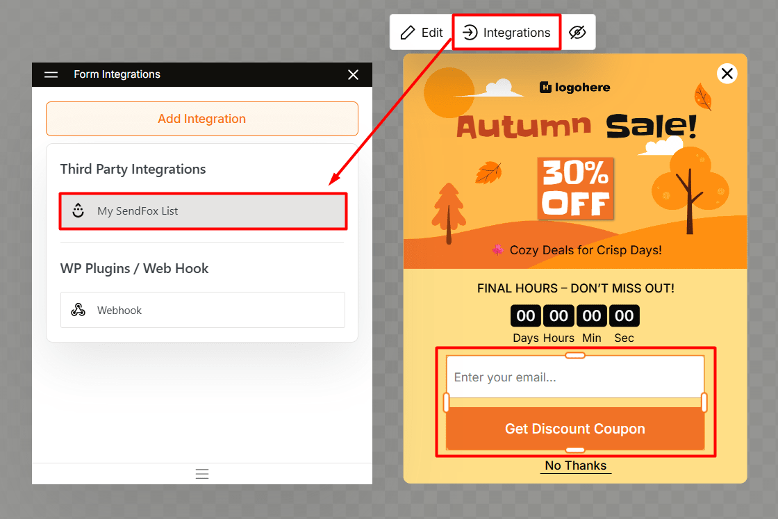 Select the SendFox integration from the dropdown lists