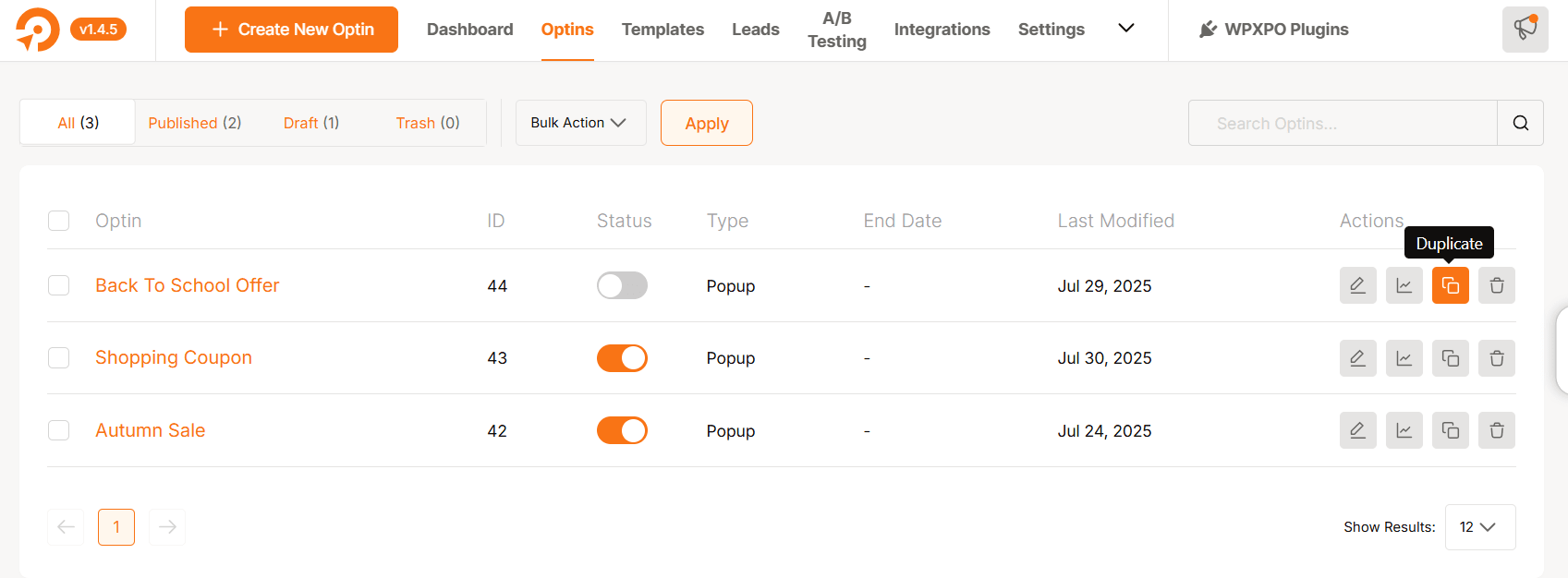 WowOptin One click campaign duplication