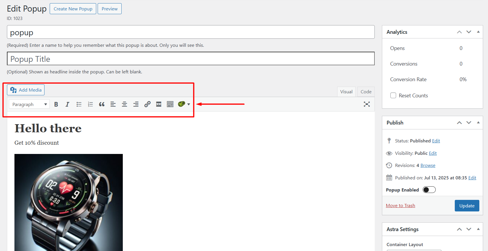 popup maker editor