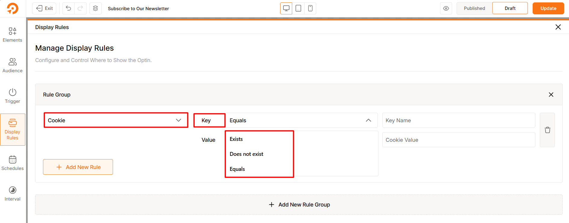 Cookie Key Operators in WowOptin