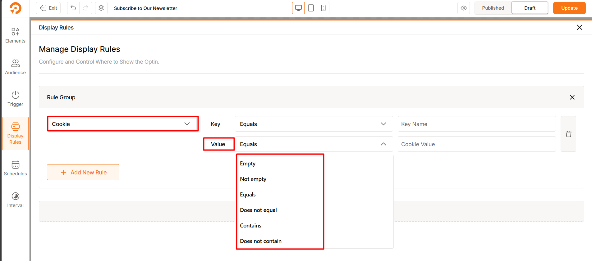 Cookie Value Operators in WowOptin