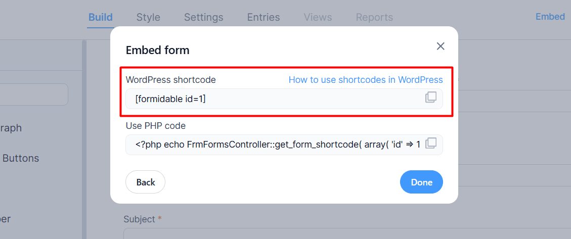 Copy the Formidable Form Shortcode