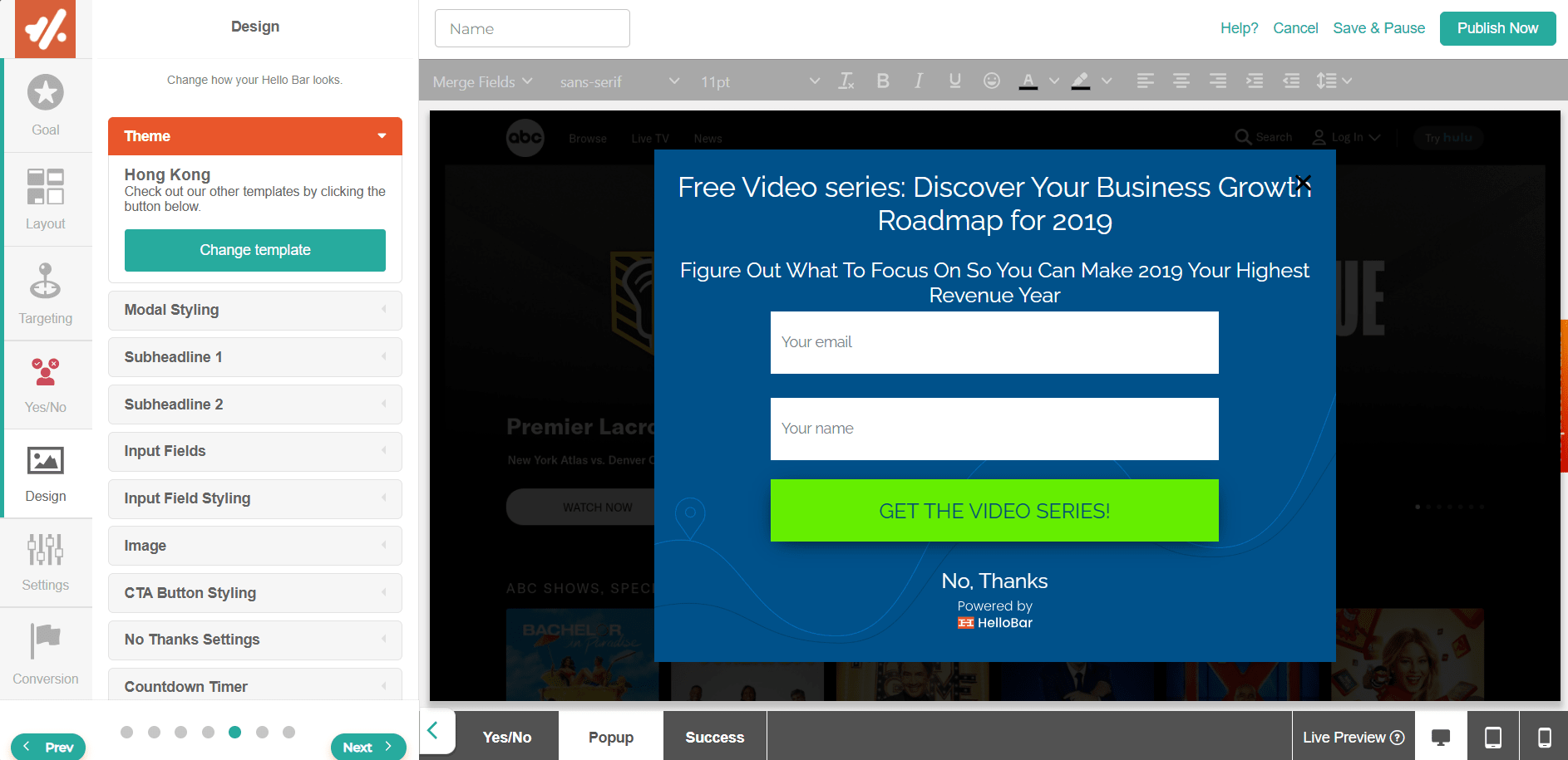 HelloBar Builder Interface