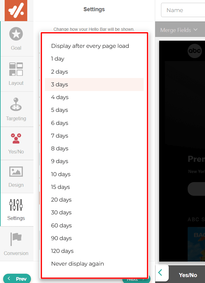 HelloBar Display Frequency