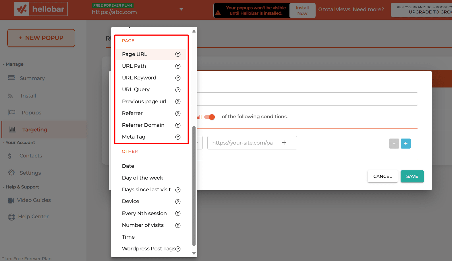 HelloBar Page-level targeting