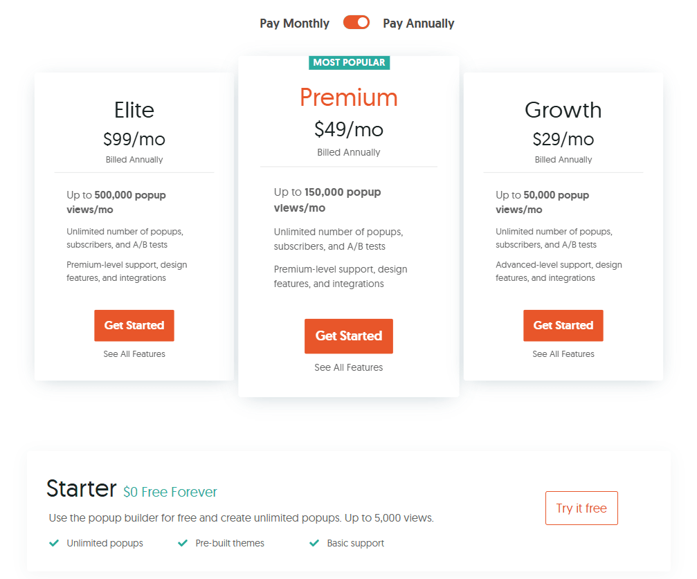 HelloBar Pricing Table