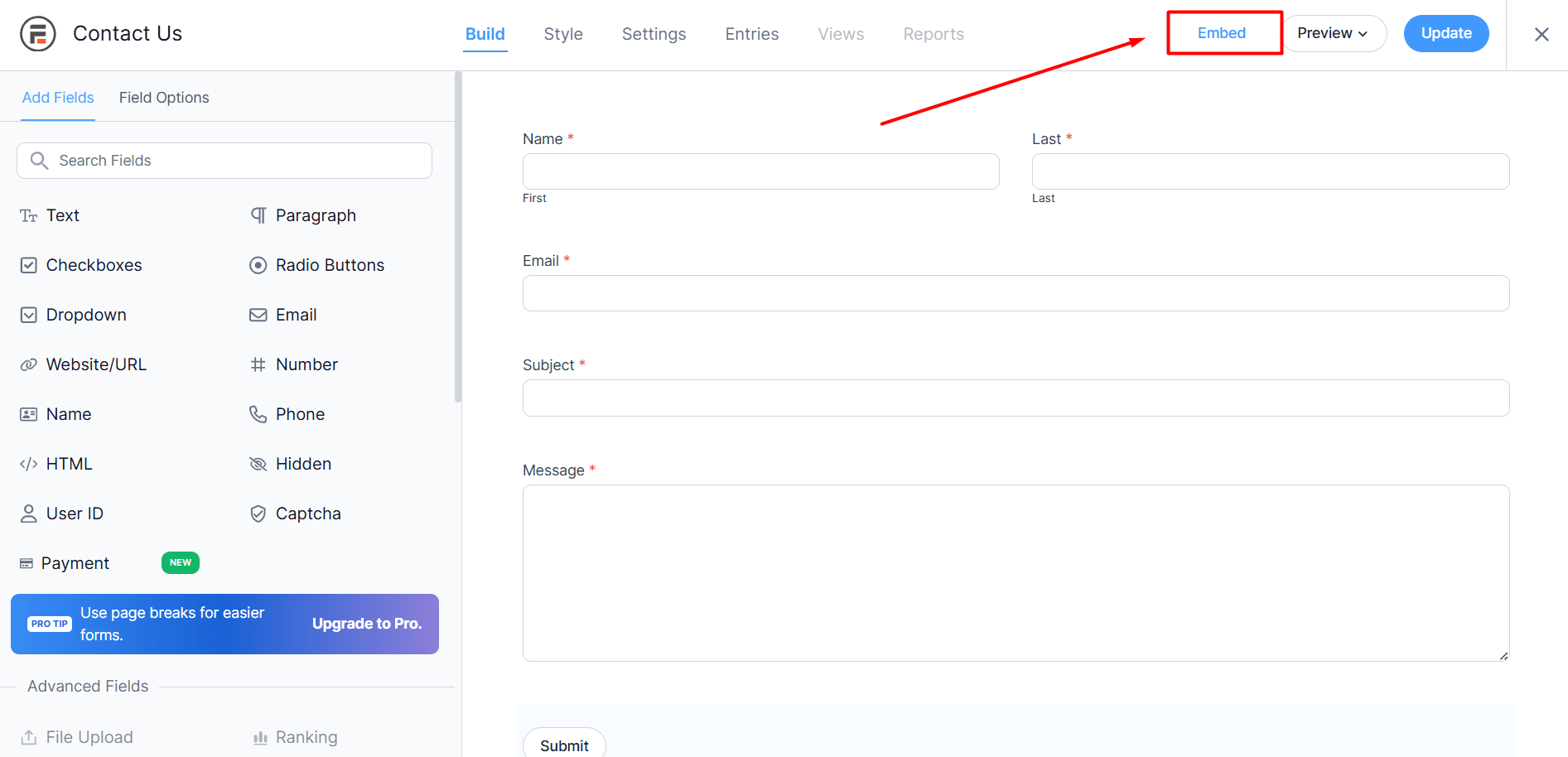 Navigate to Embed option of Formidable Form plugin
