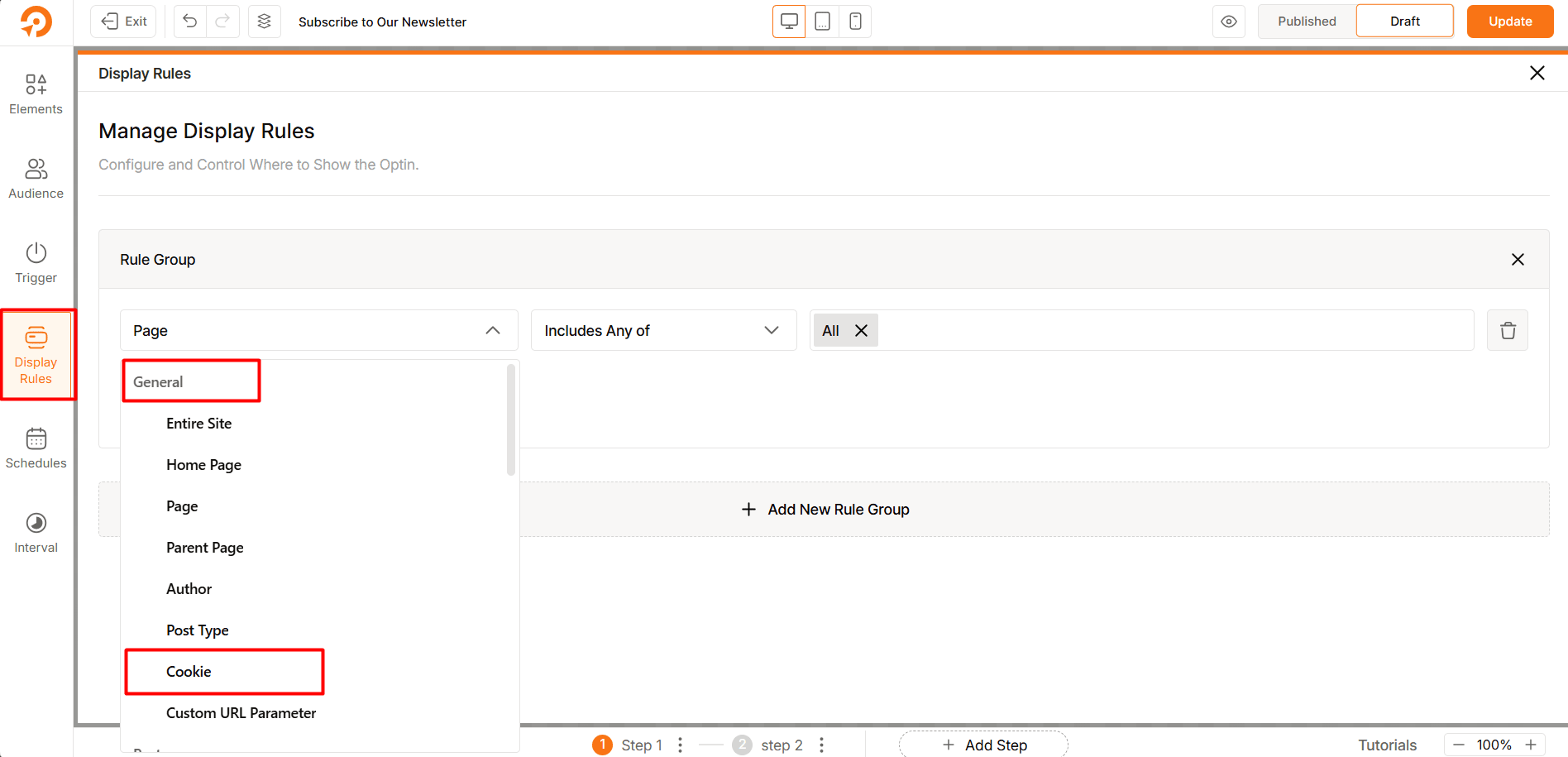 Selecting Cookie Targeting from the Display Rule tab in WowOptin