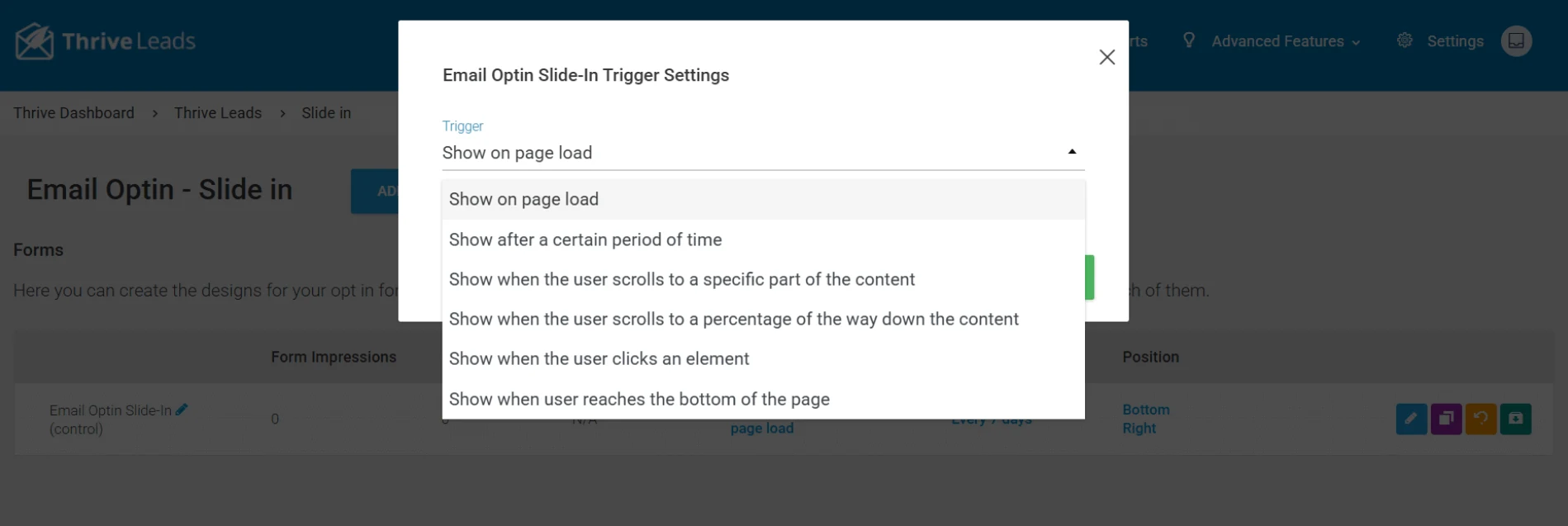 Thrive Leads Trigger settings