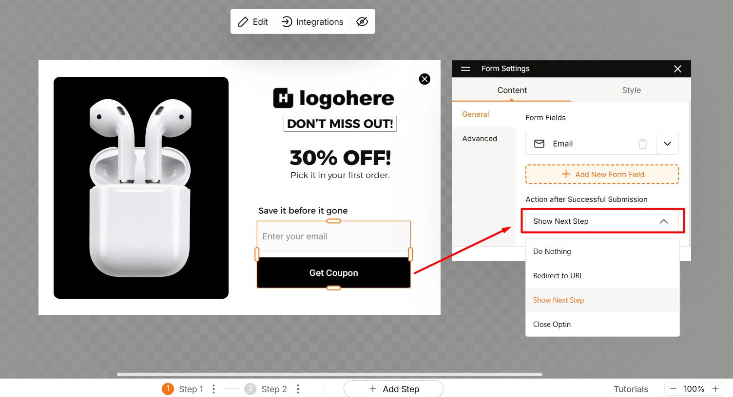 Configuration for Next Step Popup Navigation